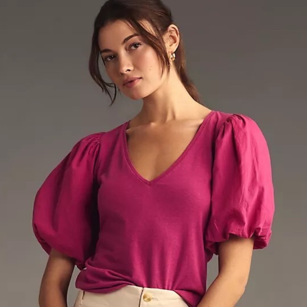 Anthropologie Puff-Sleeve V-Neck Top